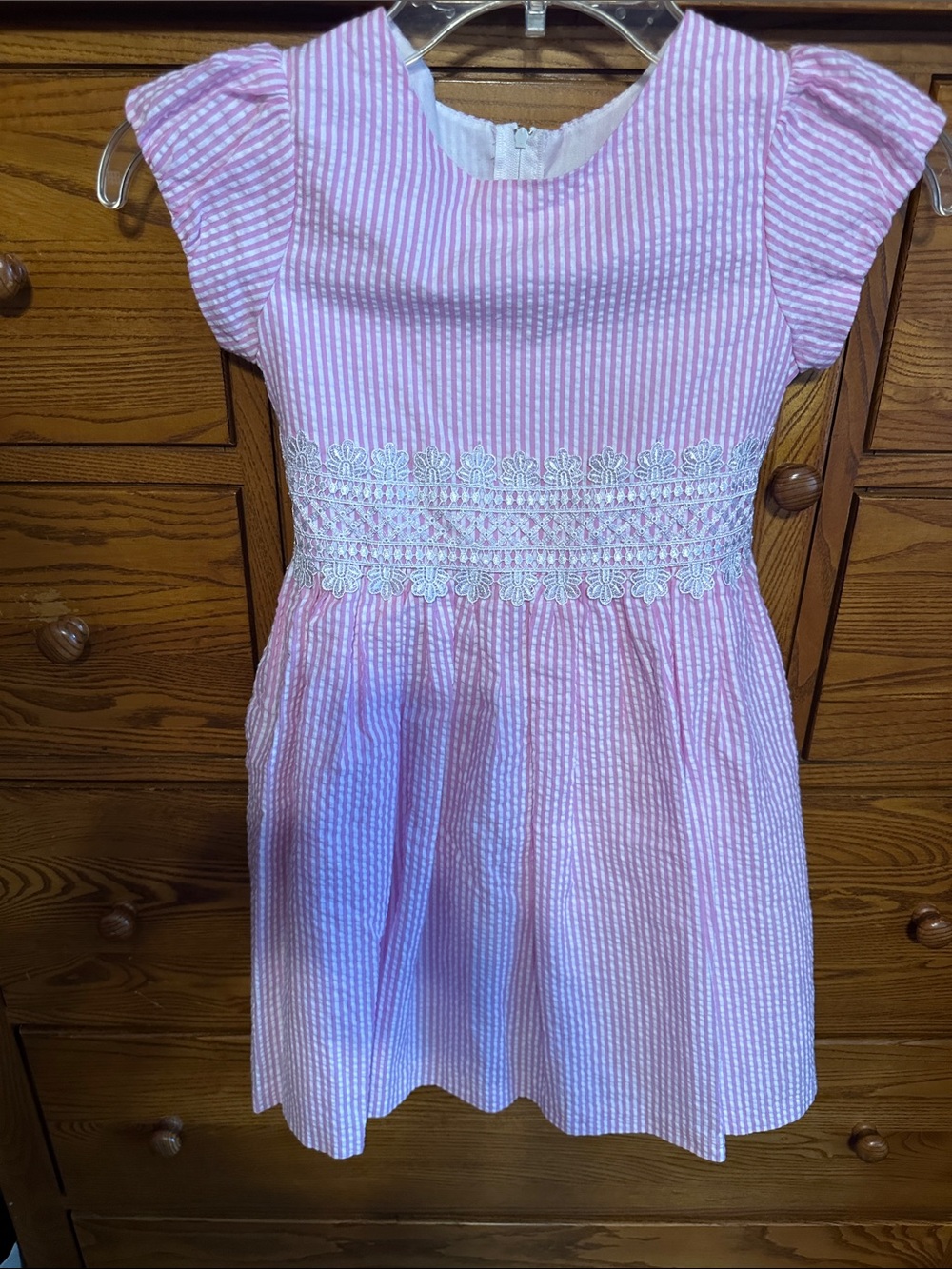 Rare Editions Pink Seersucker Dress with White Lace